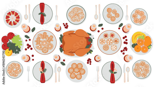Flat lay illustration of a festive Christmas Day dinner table with a roasted turkey, various side dishes, fruits, and utensils on a white background, celebrating Happy New Year 2026.