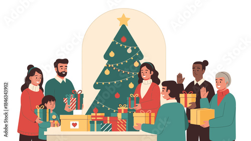 Diverse family and friends exchanging gifts around a decorated Christmas tree on Christmas Day with a joyful atmosphere.