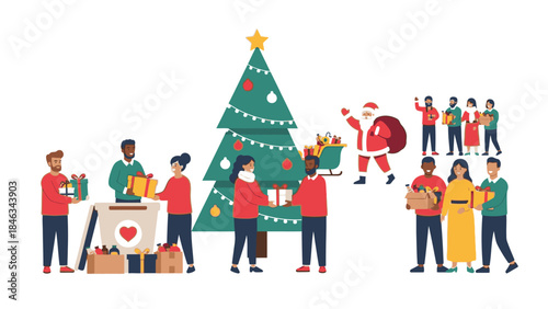 Illustration of diverse people celebrating Christmas Day and Happy New Year 2026 with a decorated tree and festive gifts in a joyful scene.