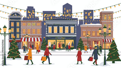 Illustration of people walking in a snow-covered city street decorated with Christmas trees and lights on Happy New Year 2026, Christmas Day.