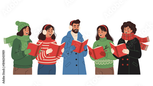 Illustration of a diverse group of people wearing winter clothing singing Christmas carols on Christmas Day with joyful expressions.