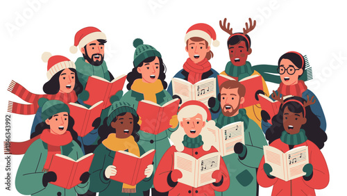 Illustration of a diverse group of people wearing winter clothing and singing Christmas carols on Christmas Day with a joyful atmosphere.