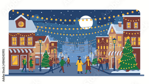 Illustration of a snowy town street at night with people celebrating Happy New Year 2026 and Christmas Day with festive lights and decorations.