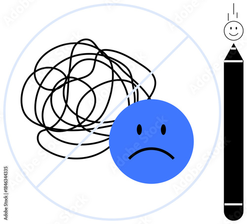 Emotional expression concept. Visualizing emotions with tangled lines, a sad face, and a happy creativity symbol using a pencil. Emotional awareness, mental health, art therapy, creativity