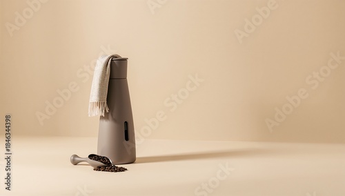 Minimalist Coffee Grinder with Beans on Beige Background