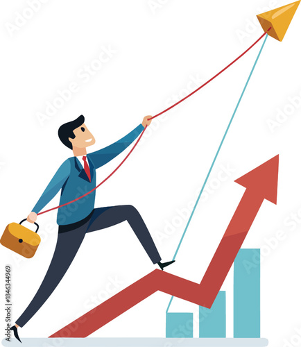 Man pulling arrow graph upward with rope isolated on white background