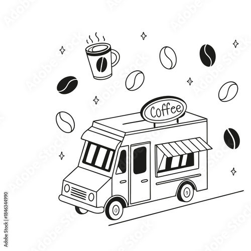 Coffee Truck Illustration with Beans and Mug