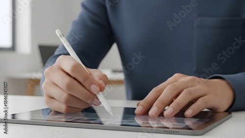 Close up hands of woman using digital pen for drawing on tablet in modern office