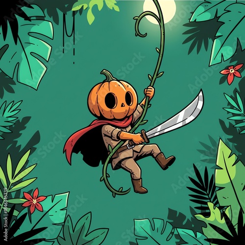 Pumpkinheaded character swings on a vine with a sword in a jungle
