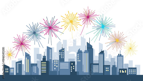 A vibrant city skyline celebrates Happy New Year 2026 with colorful fireworks on Christmas Day against a clean white background.