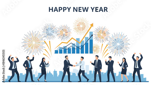 Illustration of business professionals celebrating with fireworks and a rising graph on a city skyline background, symbolizing a Happy New Year 2026 with a festive and prosperous mood.