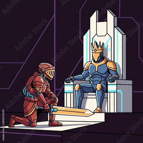 Robotic knight kneels before a robotic king on a throne