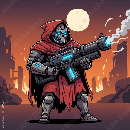 Robotic soldier in a red hood with a futuristic gun