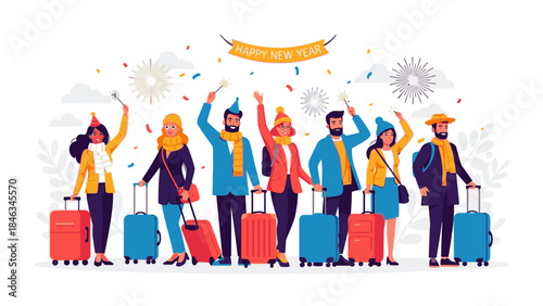 Illustration of diverse travelers with luggage celebrating Happy New Year 2026 on Christmas Day with confetti and fireworks in a colorful, festive scene.