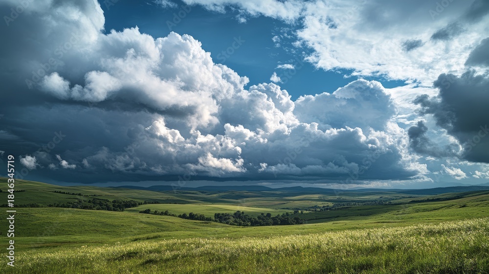 Fototapeta premium 99.A stunning wide-angle landscape capturing a dramatic contrast between fluffy white clouds and an approaching summer storm, casting deep shadows over the green rolling hills below.