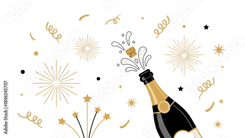 Illustration of a champagne bottle popping with gold confetti and fireworks on a white background, celebrating Happy New Year 2026 on Christmas Day with a festive mood.