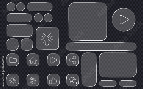 Transparent glass user interface elements kit on transparent background. Modern UI design components. buttons, forms, and outlined icon symbol. vector illustration.