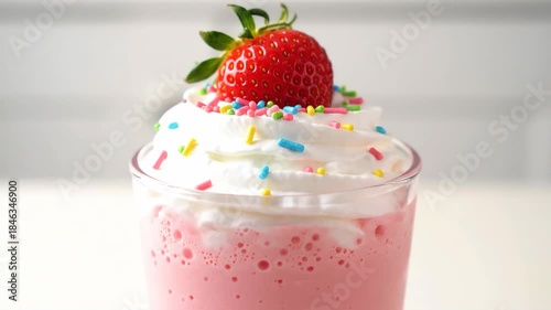 Pink milkshake with whipped cream and colorful sprinkles close up