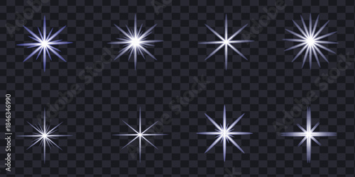 Set of diverse sparkling star light flares and glow elements on transparent background. glowing flares blue, lens explosions, glittering lines, sun flashes, neon star symbol. vector illustration.