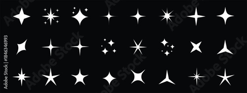 Diverse collection of shimmering white sparkle and starburst icon on black background. Sparkle, stars, shine symbol. vector illustration.