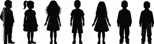 Children silhouette vector set, boys and girls standing front view poses, black kid figures collection, childhood people illustration isolated on white background