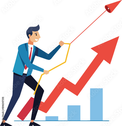 Businessman pulling graph upward with rope isolated on white background