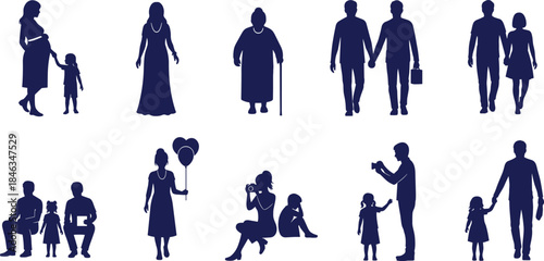 Family lifestyle silhouette vector collection, parents children couples and seniors in daily activities, blue human figures set isolated on white background illustration