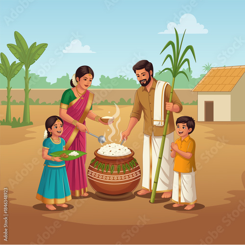 new illustration of Happy Pongal Holiday Harvest Festival of Tamil Nadu family making Pongal. abstract vector background design