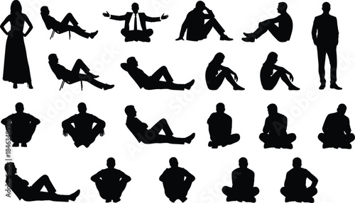 Human silhouette sitting and standing poses collection, male and female figures, black vector people shapes, isolated on white background illustration