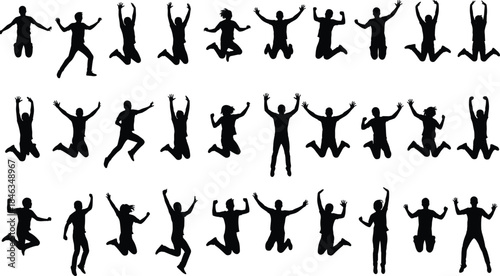 Jumping people silhouette set, energetic men and women celebrating success with raised arms poses, dynamic action figures collection, black vector shapes isolated on white background