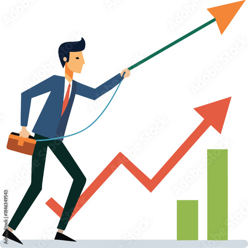 Businessman pulling arrow graph upward on white background