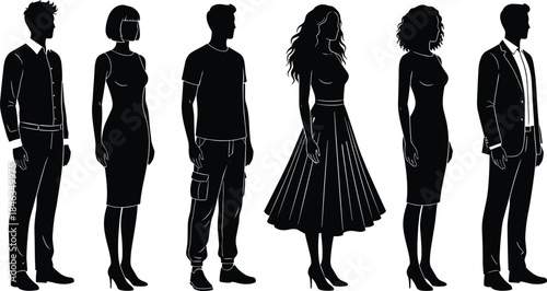 Standing people silhouette vector set, stylish men and women in casual and elegant outfits, full body human figures collection, black shapes isolated on white background