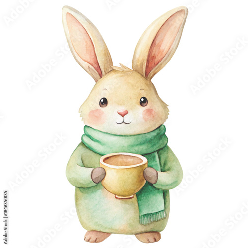 minimal watercolor artwork of a standing bunny wearing a dusty rose scarf , Holding a coffee cup