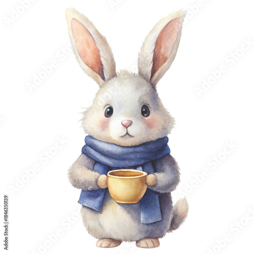 minimal watercolor artwork of a standing bunny wearing a dusty rose scarf , Holding a coffee cup