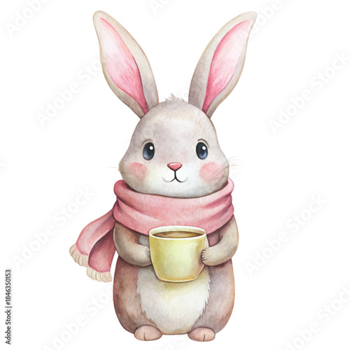 minimal watercolor artwork of a standing bunny wearing a dusty rose scarf , Holding a coffee cup