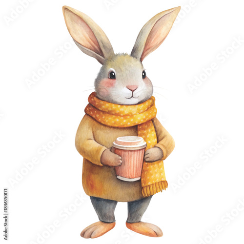 minimal watercolor artwork of a standing bunny wearing a dusty rose scarf , Holding a coffee cup