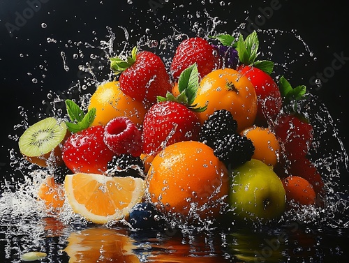 Luscious assortment of diverse fresh fruits bursting with invigorating water droplets