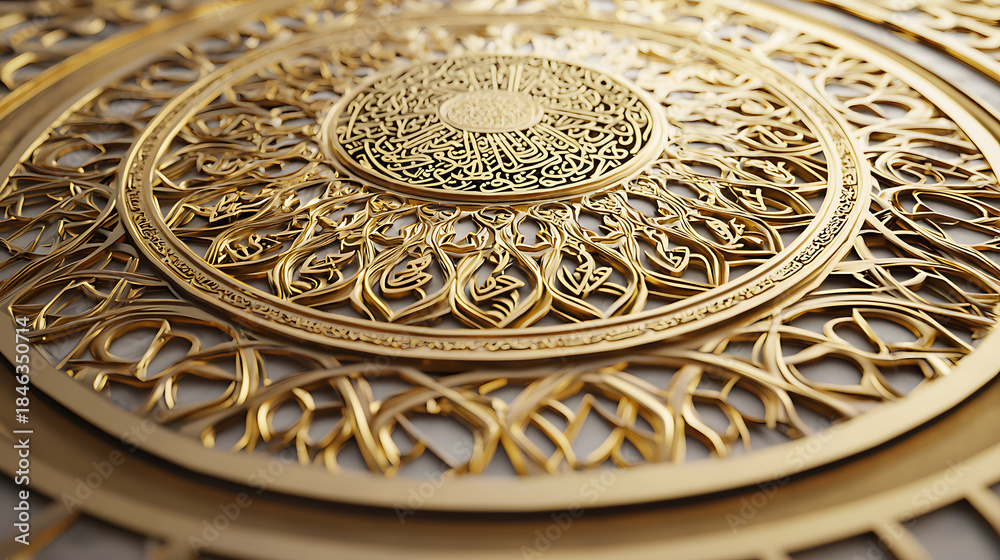 Obraz premium Intricate golden filigree radiates from a central medallion, showcasing precision craftsmanship and timeless ornamental artistry