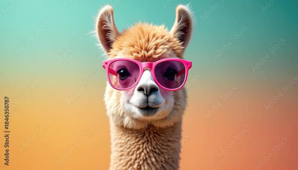 Fototapeta premium Cute fluffy llama wears pink fashion sunglasses. This animal portrait on pastel background looks happy and cool. Perfect for fun summer ads and happy animal content.