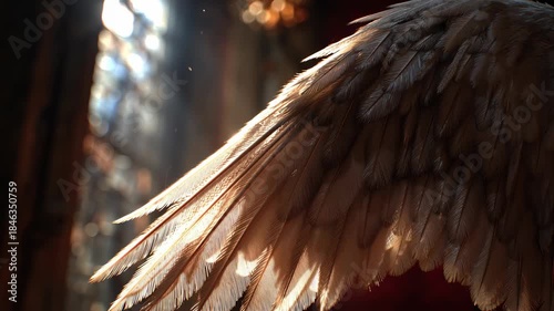 Close-up of an angel's wing with feathers backlit by bright sunlight streaming through a window