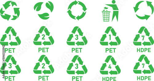 Collection of recycling codes for plastic. Set of plastic recycling codes applied to packaging. Icon of pp, pet, hdpe, code, ldpe and pvc. Triangle logos for safety and ecology. Vector illustration
