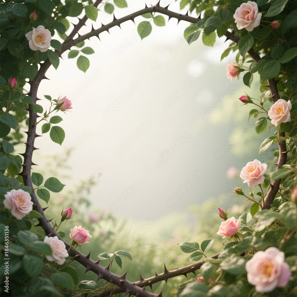 Fototapeta premium Enchanted fairytale garden frame blooming pink rose blossoms lush green foliage thorns mystical hazy background