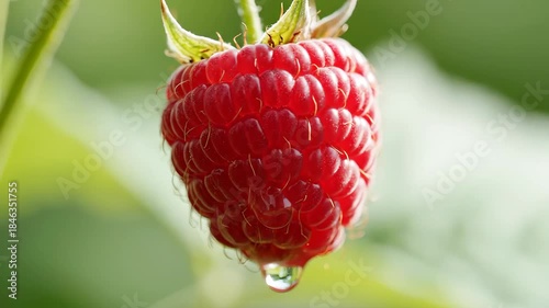 A vibrant ripe red raspberry hangs delicately from its stem glistening with a perfect clear water droplet at its base showcasing the freshness and natural beauty of this delicious summer fruit in a l.
