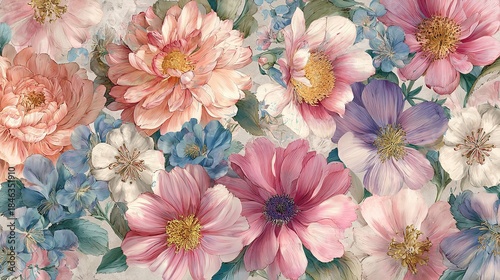 Vintage style watercolor floral pattern texture with spring flowers
