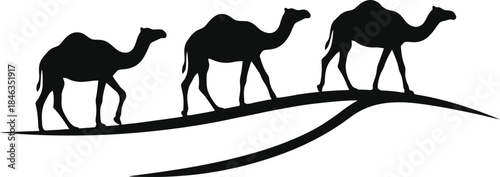 Camel Caravan Silhouette Vector. Three Camels Walking for Middle East Desert Concept Isolated on White Background
