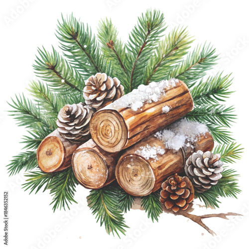 still life of stacked firewood logs covered in snow Watercolor white background