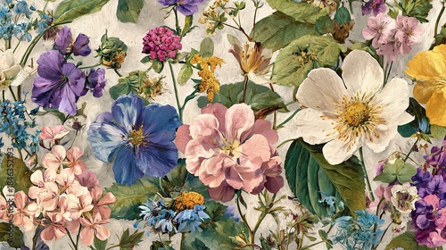 Vintage style watercolor floral pattern texture with spring flowers
