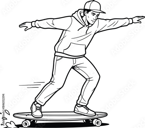 Young Man Skateboarding with Style in Casual Wear