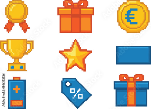 Pixel art game reward icons set, coins trophies gifts stars tags batteries, retro 8 bit arcade UI elements collection