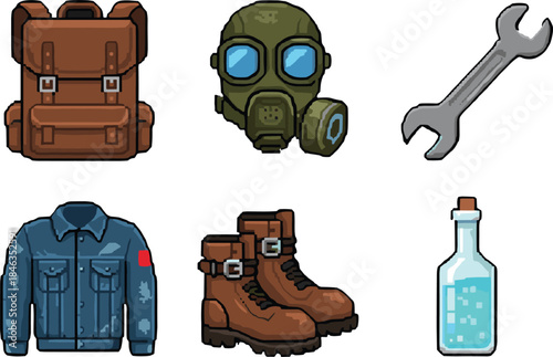 Pixel art survival game items set, backpack gas mask wrench jacket boots potion, retro 8 bit adventure inventory icons